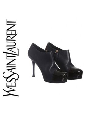 Yves Saint Laurent Tribute Black Leather Cap-Toe Platform Ankle Booties